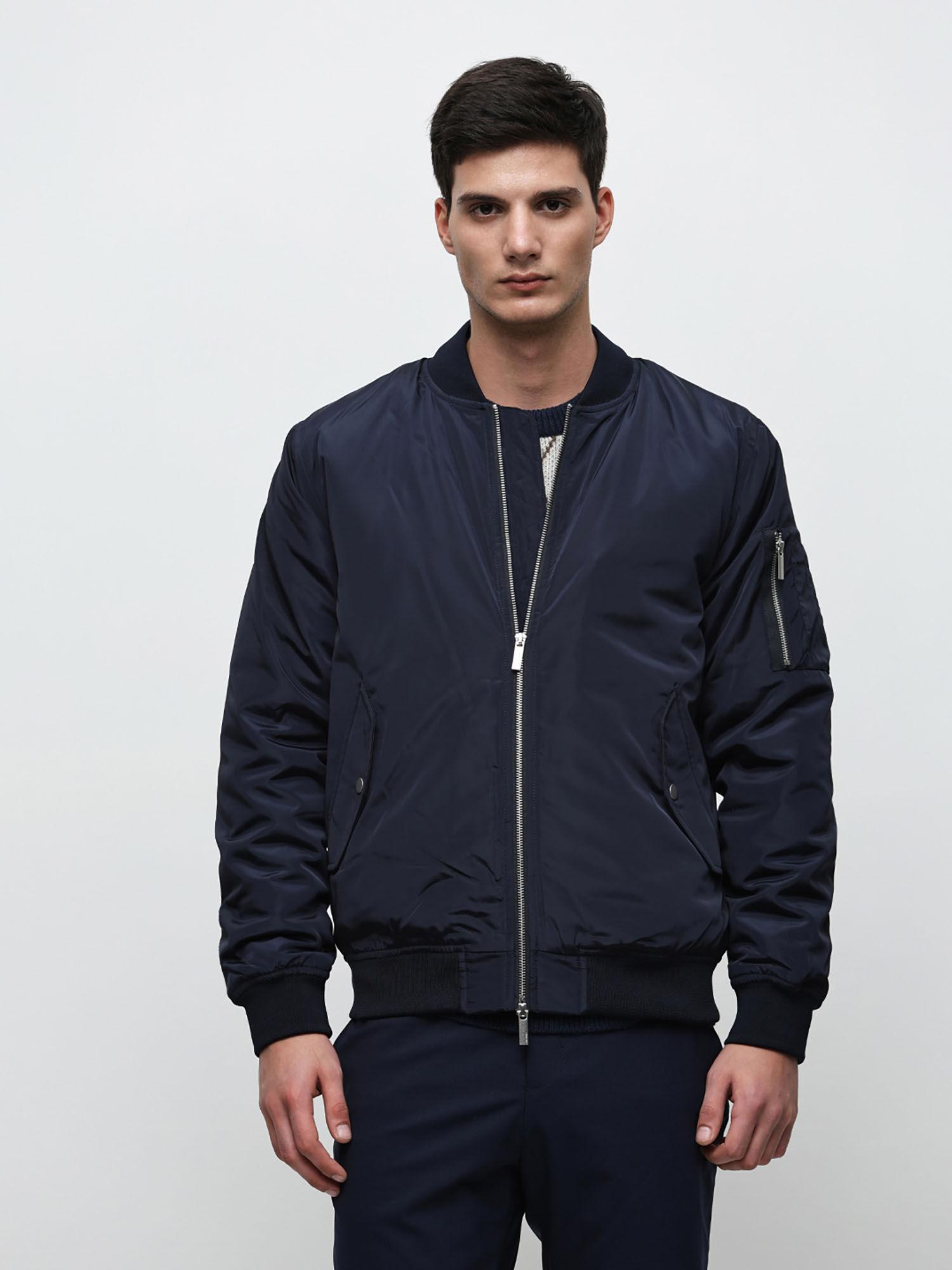 dark blue zip up bomber jacket