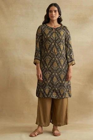 dark brown ajrakh print kurta in fluid satin