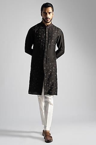 dark brown bemberg silk sequins & thread embroidered shirt kurta set