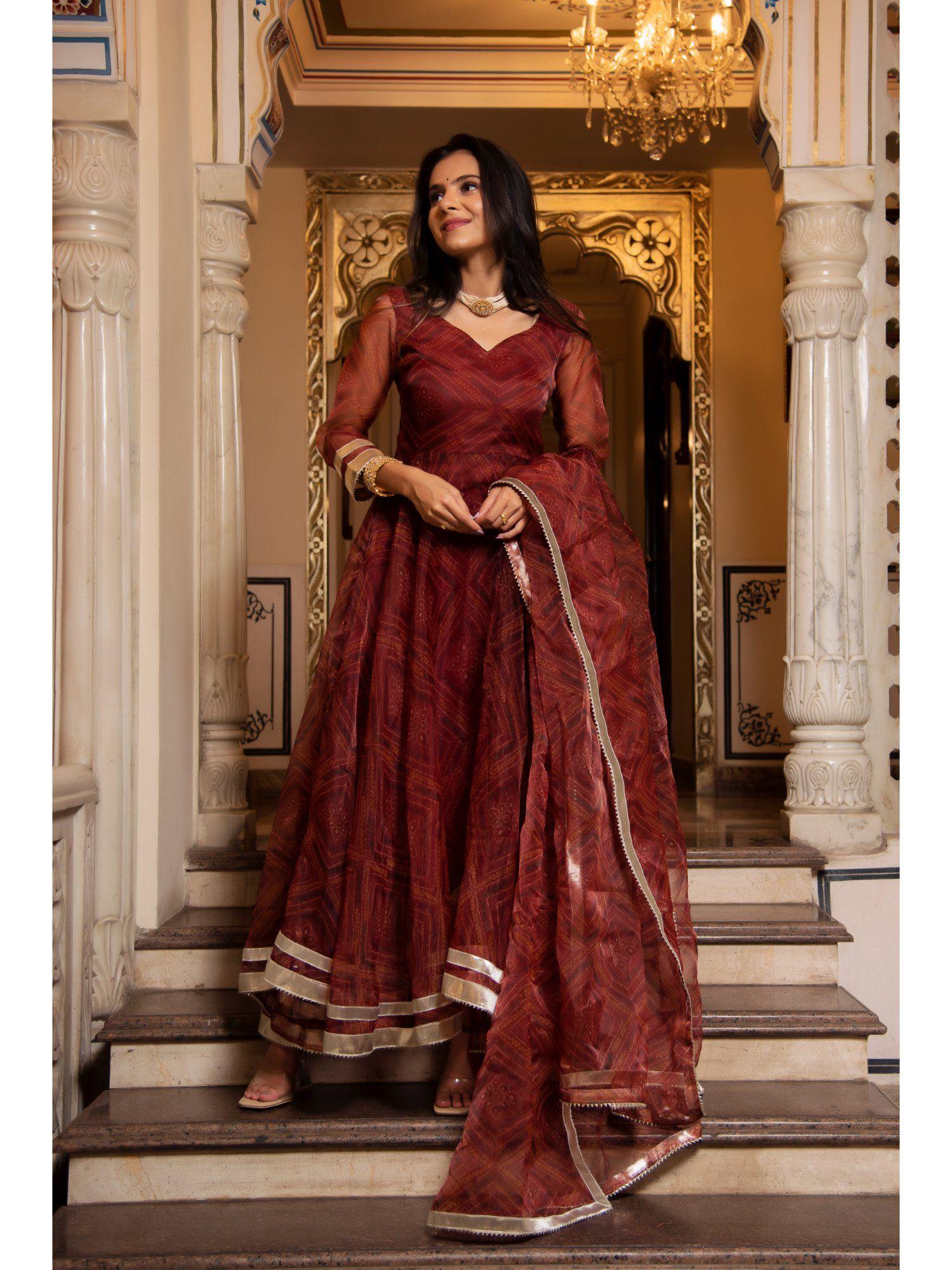 dark brown bhandhej gotapatti organza anarkali suit (set of 3)