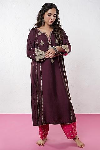 dark brown chanderi hand & machine embroidered kurta set