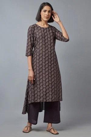 dark brown cotton paisley print kurta in round neck