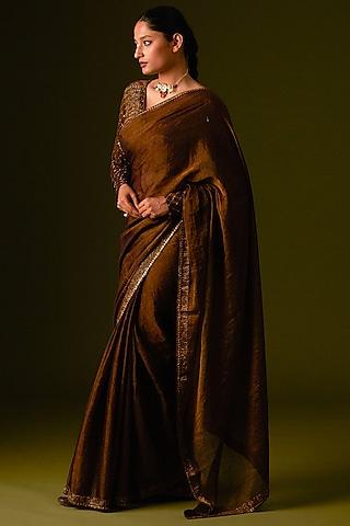 dark brown cotton silk embellished saree set