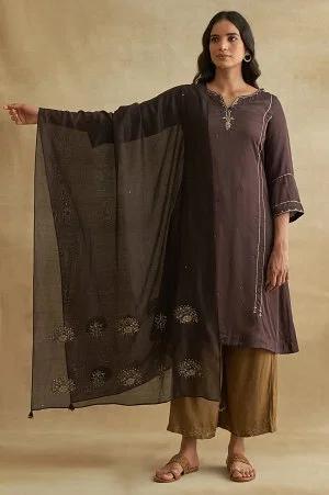 dark brown cotton silk embroidered drape