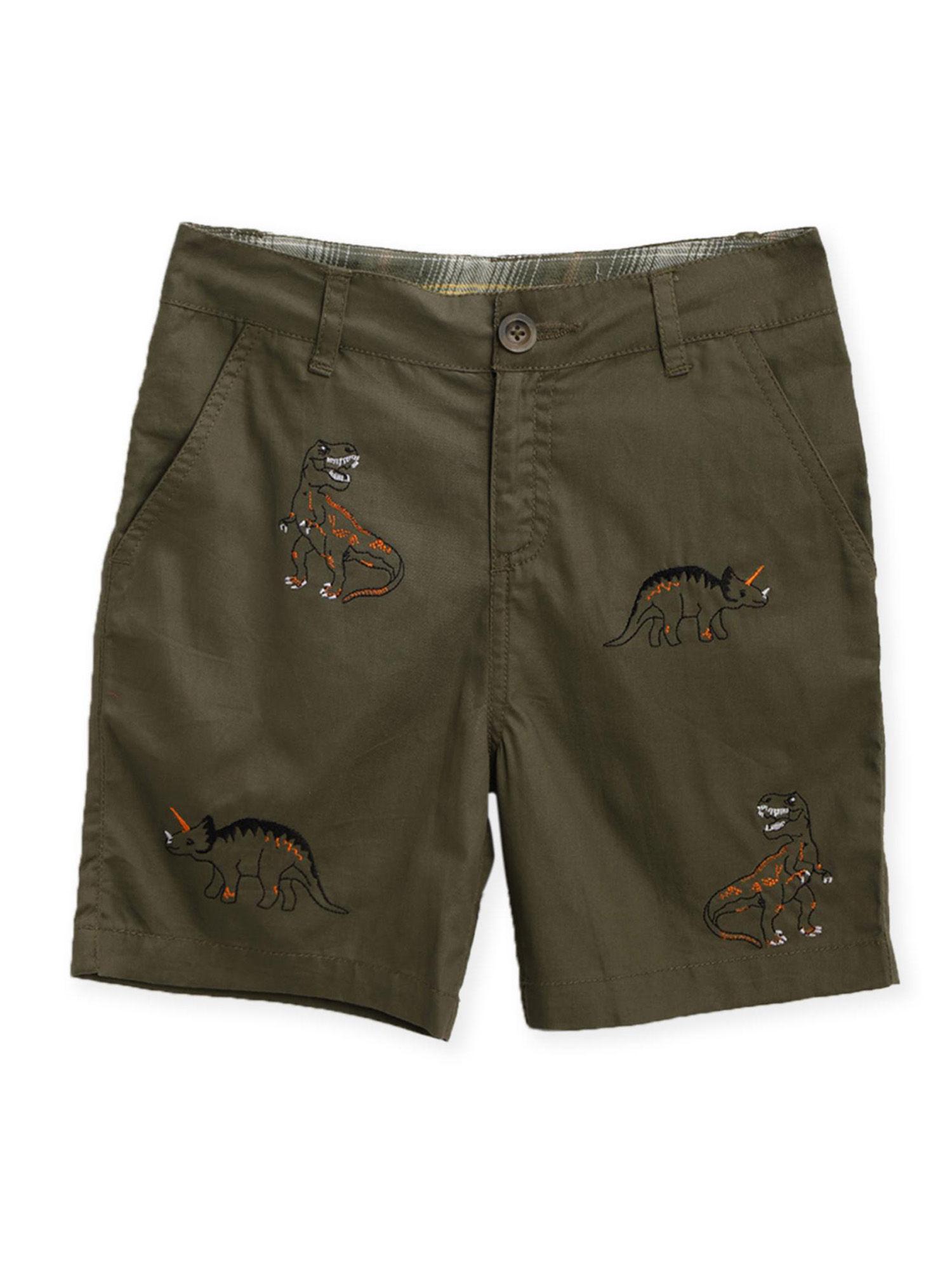 dark brown embroidered t-rex shorts