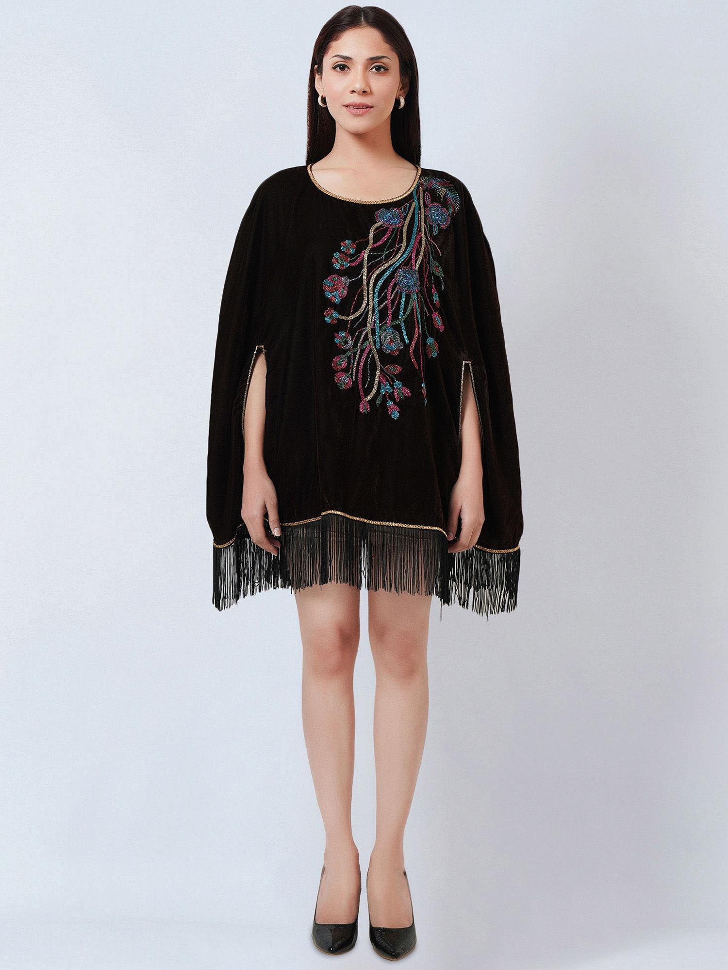 dark brown floral sequinned velvet poncho