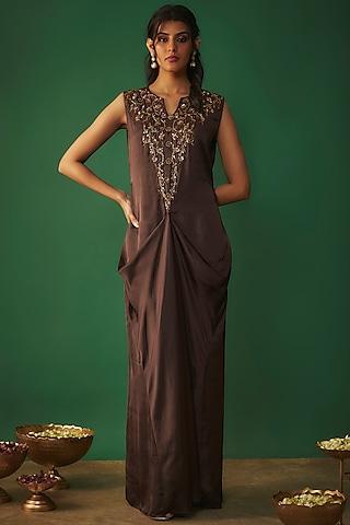 dark brown milano satin embroidered draped gown