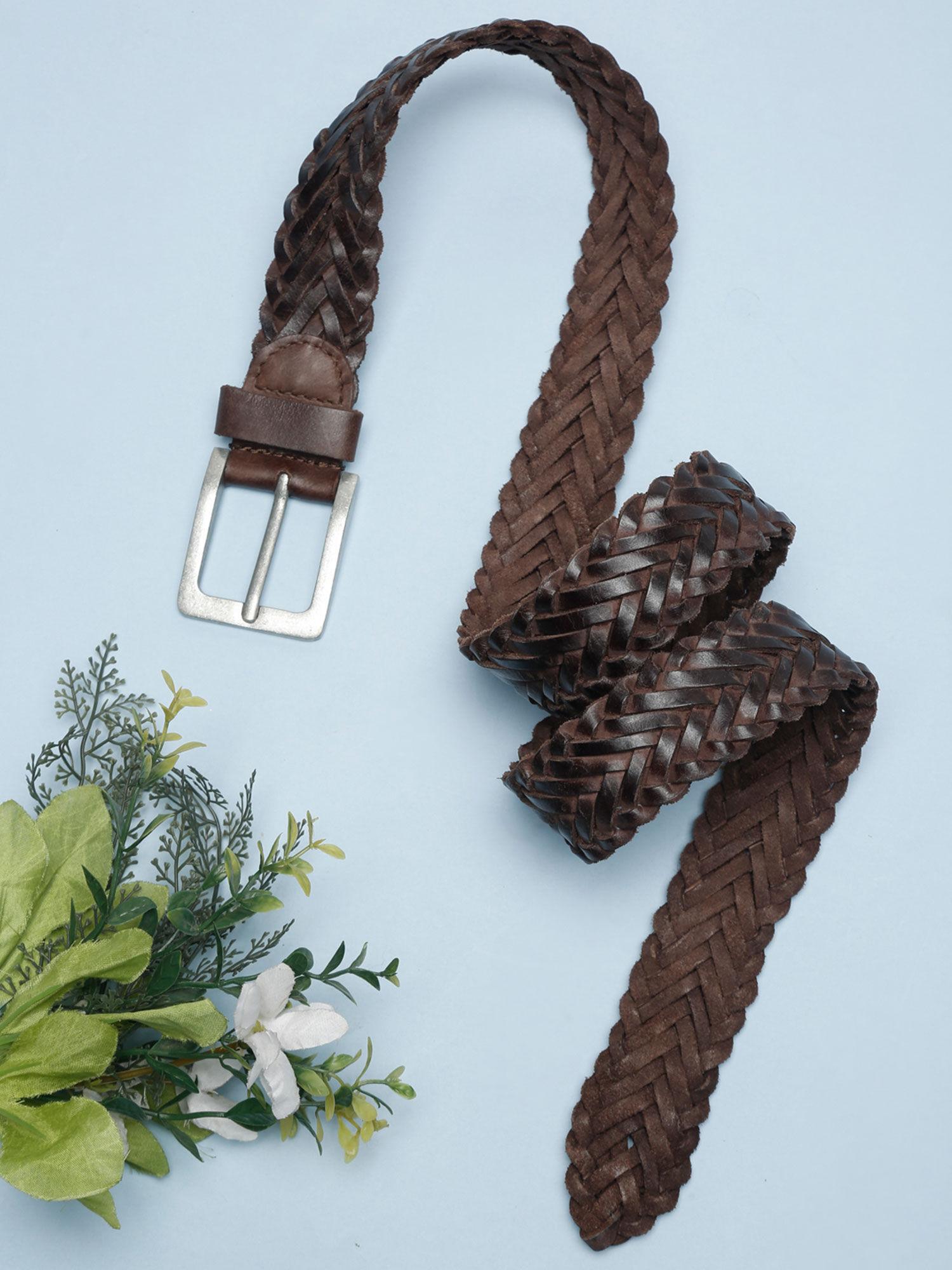 dark brown patterned genuine leather braided belt