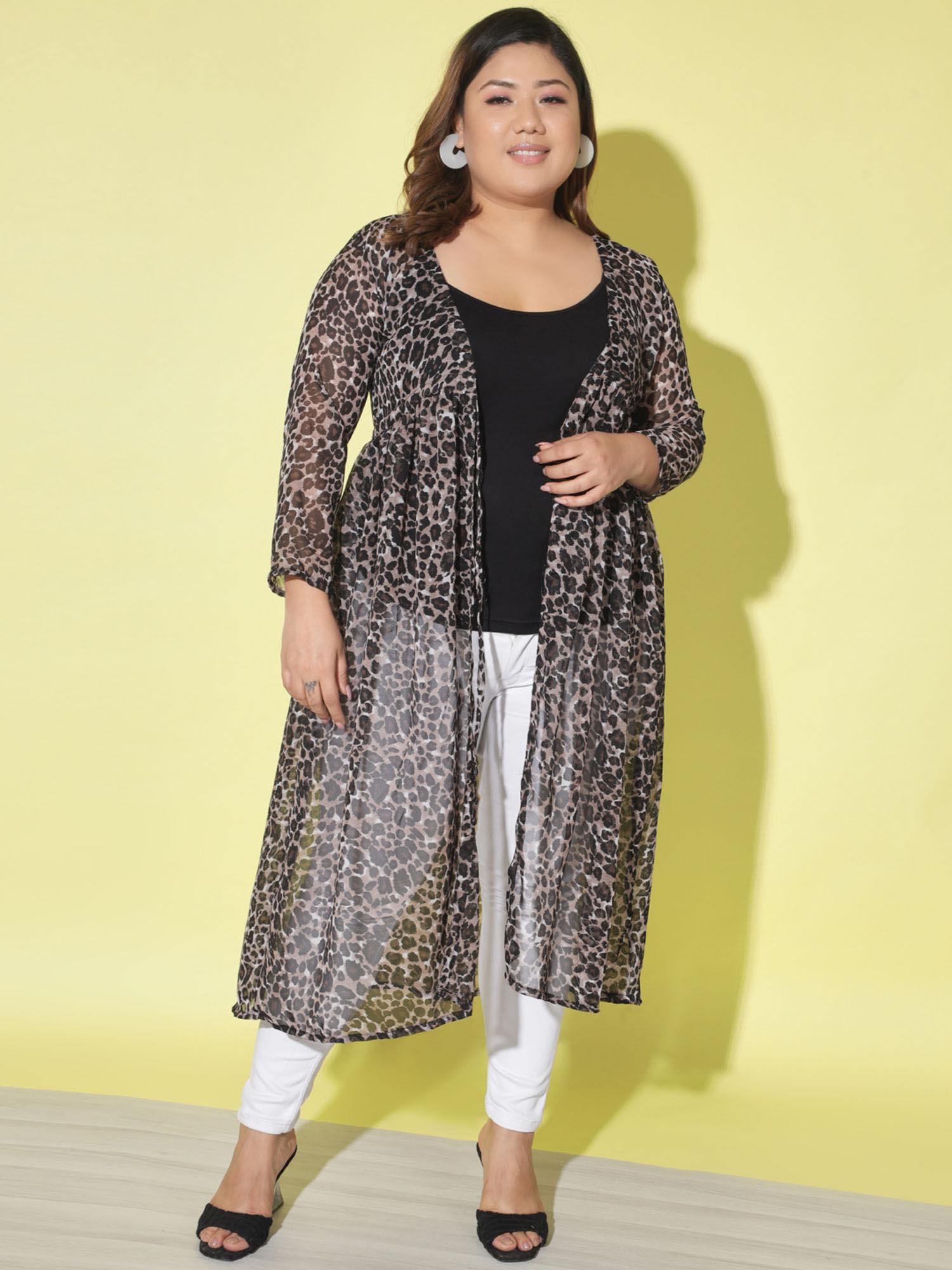 dark brown plus size georgette leopard print long women shrug