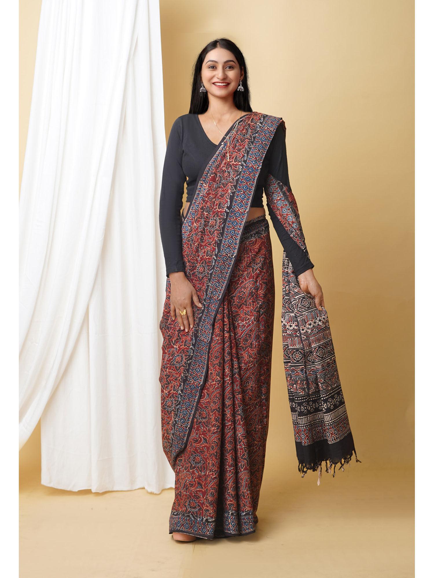 dark brown pure ajrakh printed soft silk saree with unstitched blouse