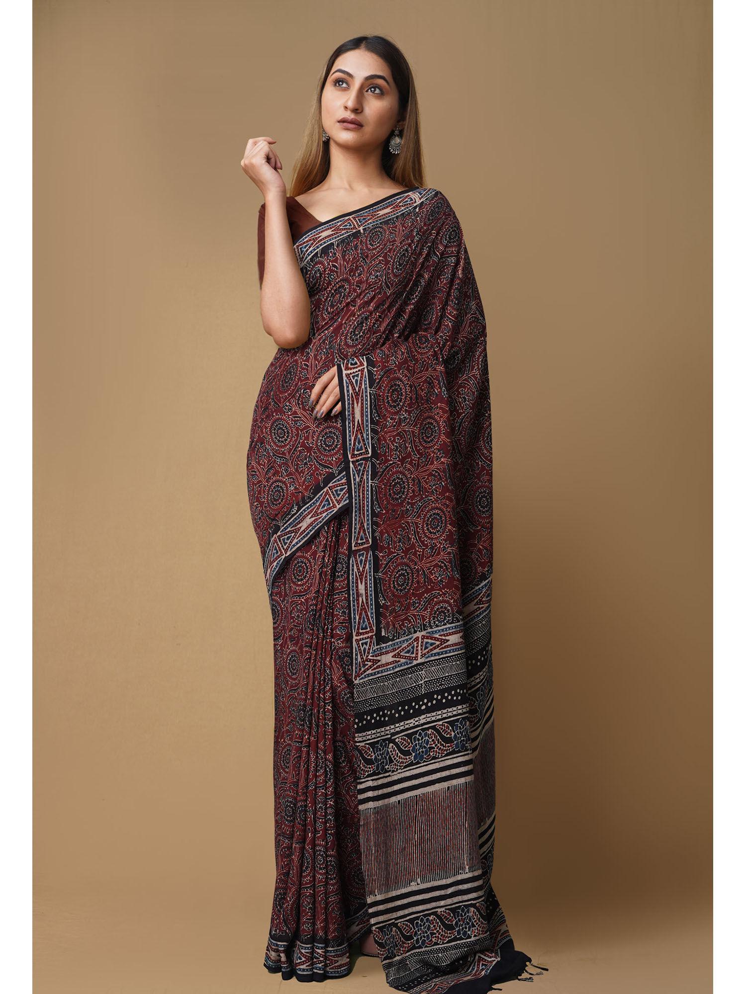 dark brown pure ajrakh printed soft silk saree with unstitched blouse