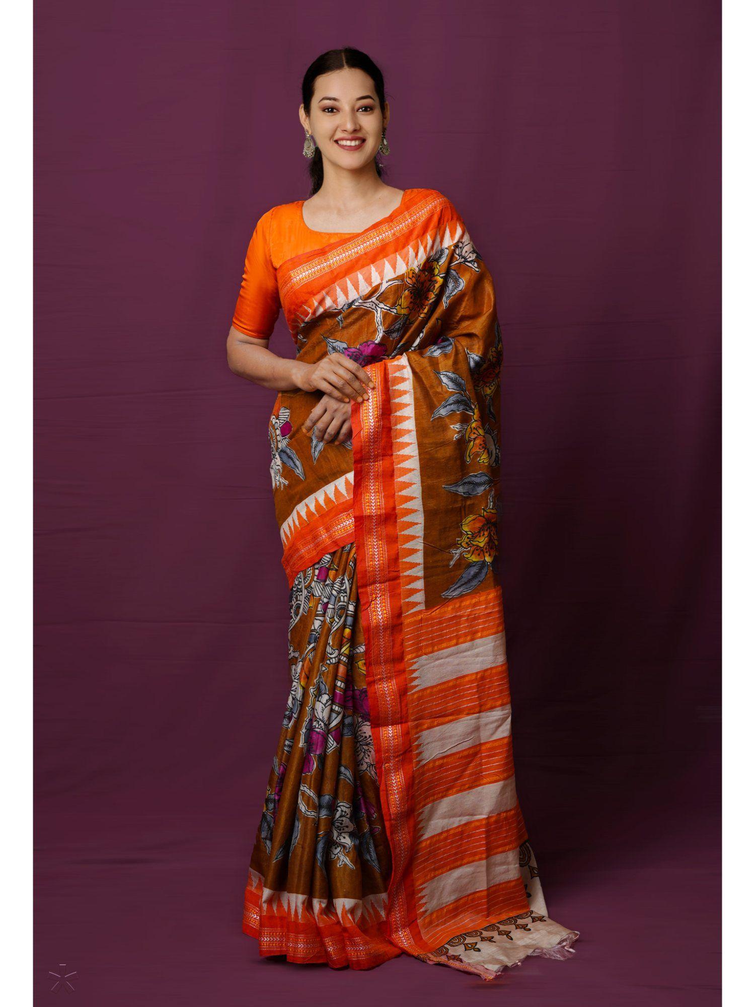 dark brown pure handloom kalamkari painting sico saree with unstitched blouse