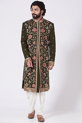 dark brown resham & zardosi embroidered sherwani