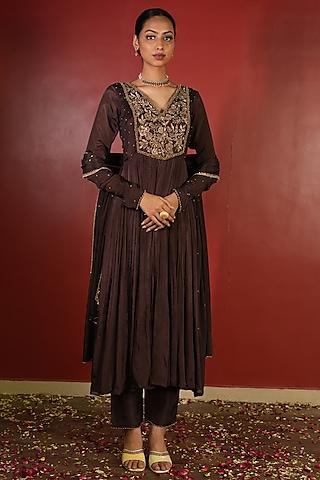 dark brown upada silk embroidered anarkali set