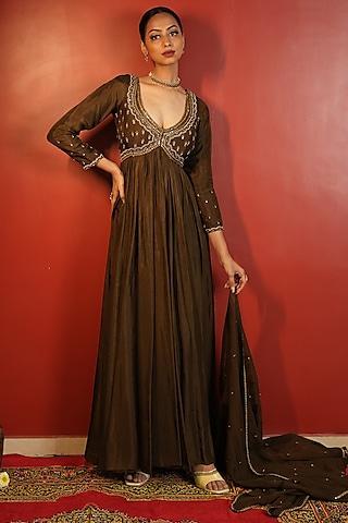 dark brown upada silk embroidered anarkali set