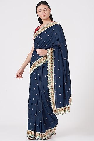 dark cerulean blue embroidered handloom saree set