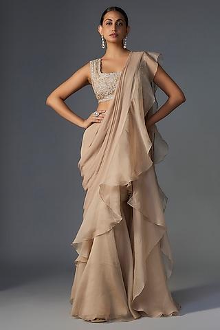 dark champagne chiffon organza draped ruffled saree set