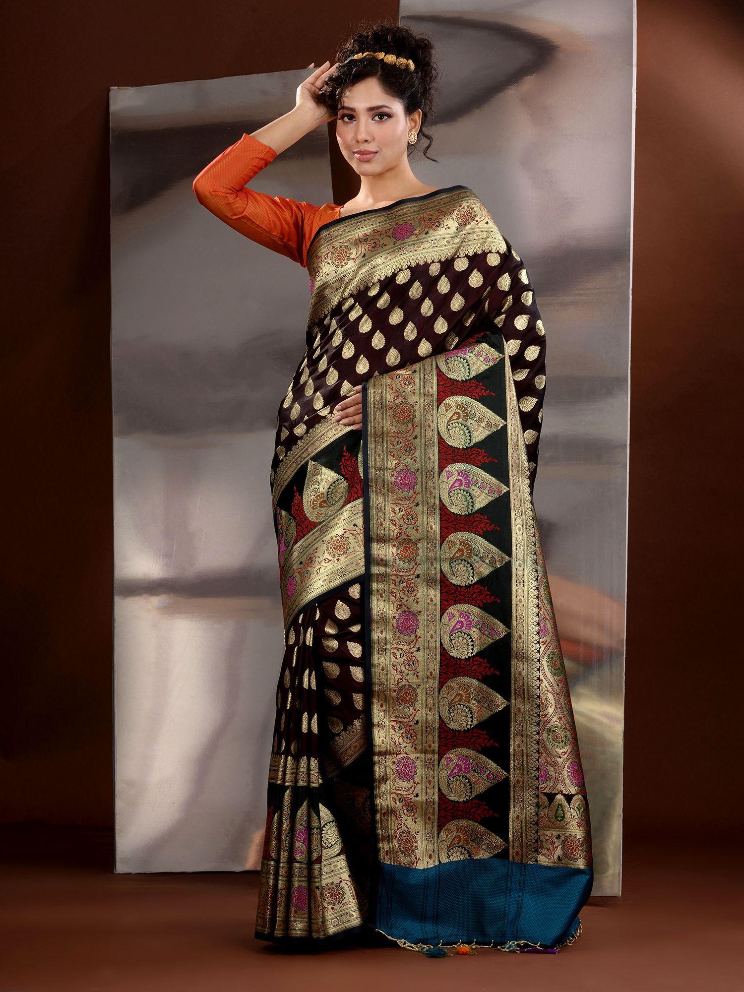 dark chocolate katan silk zari handwoven saree with unstitched blouse