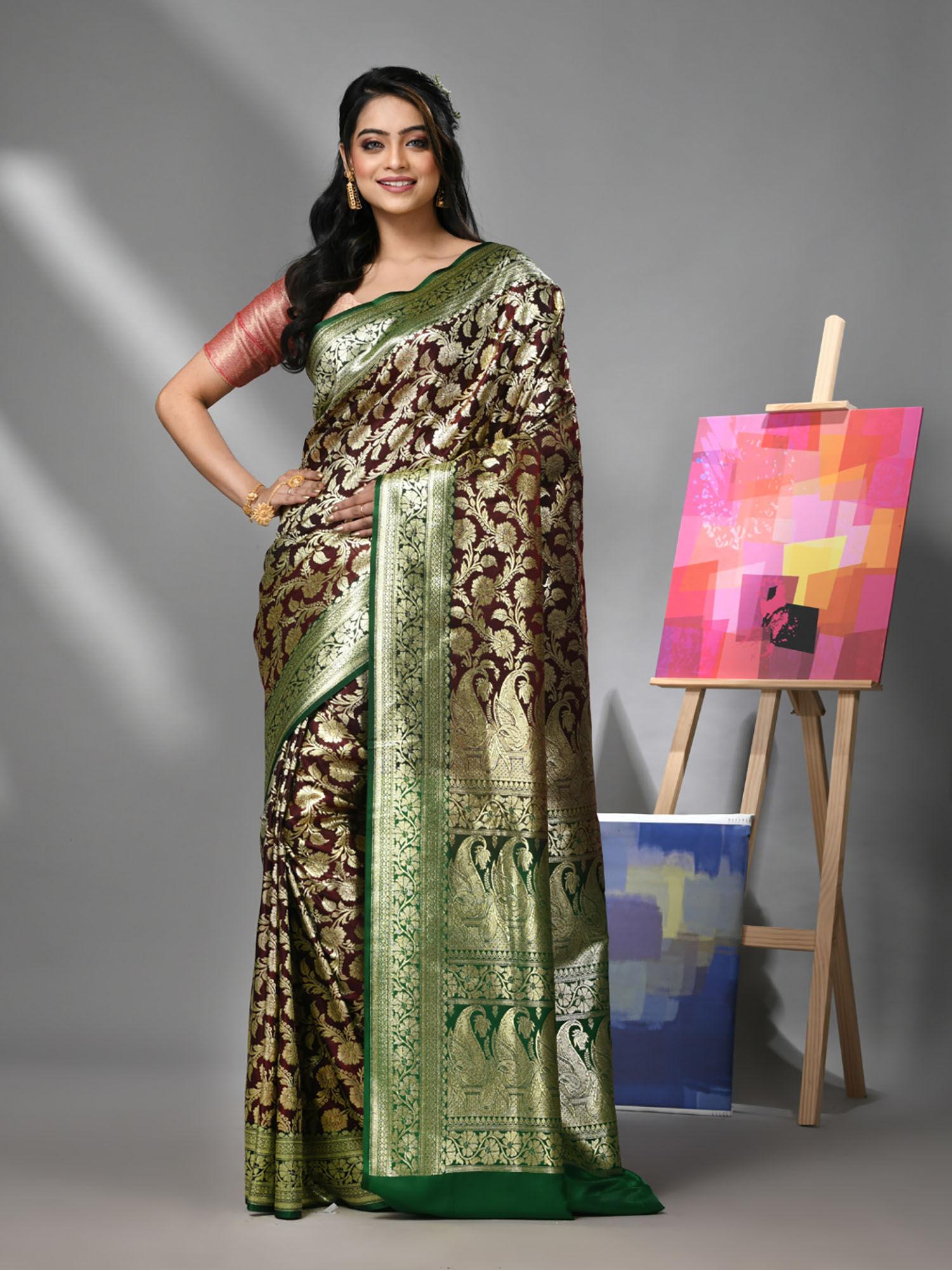 dark chocolate silk banarasi saree with zari woven designs & unstitched blouse