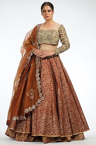 dark cinnamon printed & embroidered lehenga set