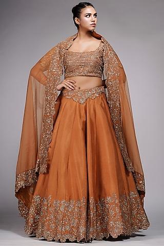 dark cinnamon silk embroidered lehenga set