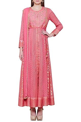 dark coral pink embroidered anarkali set