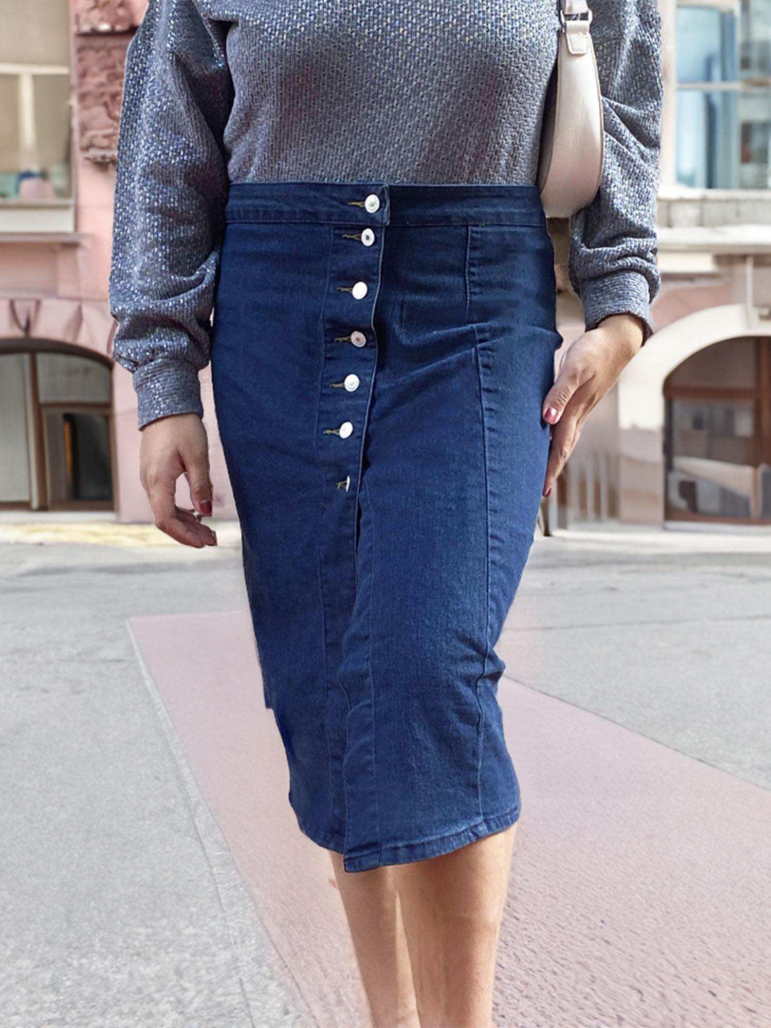 dark denim front open midi skirt