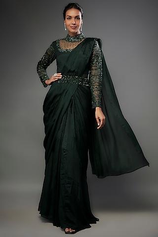 dark emerald green banglore crepe sequins embellished draped gown saree with belt