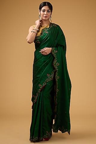 dark forest green silk floral embroidered saree set