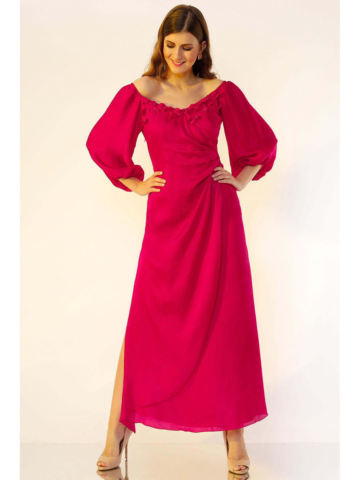 dark fuchsia hand embroidered gown