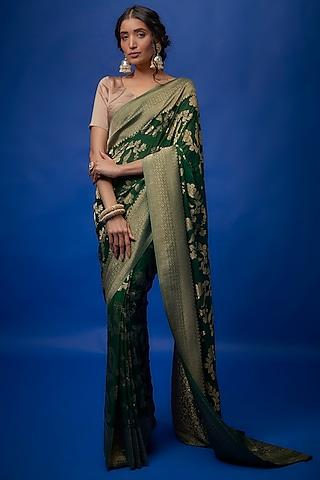 dark green banarasi brocade saree set