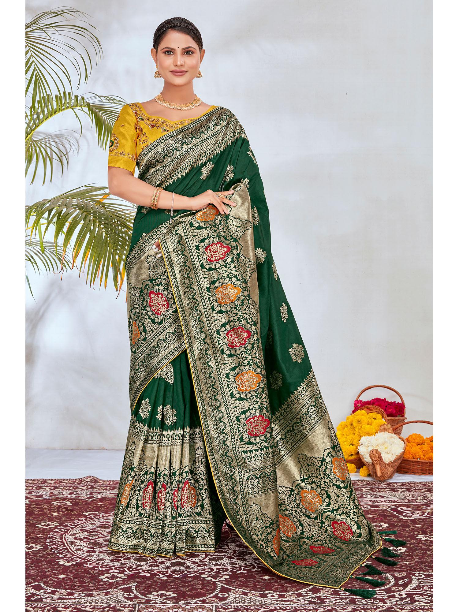 dark green banarasi silk blend woven traditional saree with unstitched blouse