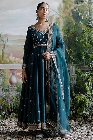 dark green chanderi aari embroidered anarkali set