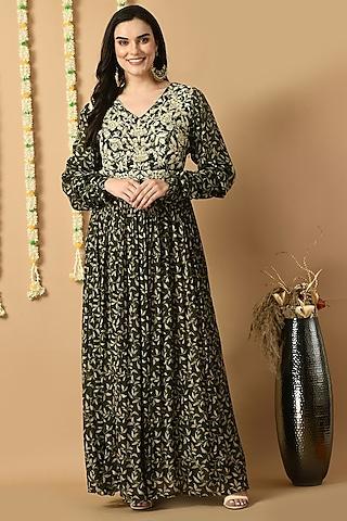 dark green chinon chiffon digital printed & embroidered anarkali with belt