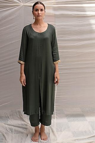 dark green cotton embroidered kurta set