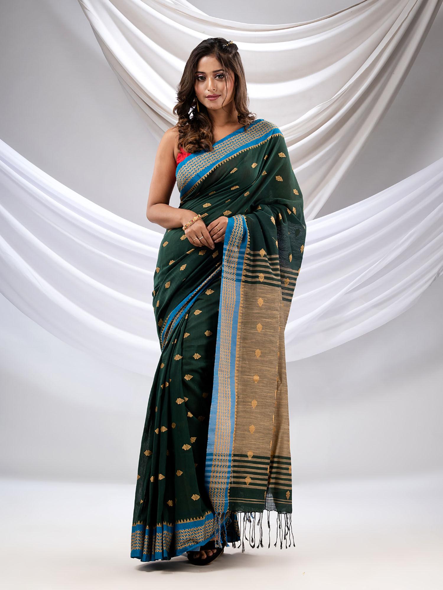 dark green cotton handwoven soft saree with texture design with unstitched blouse