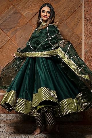 dark green cotton silk anarkali set