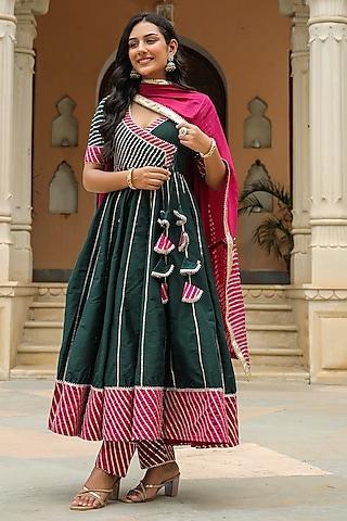 dark green cotton silk gota work anarkali set