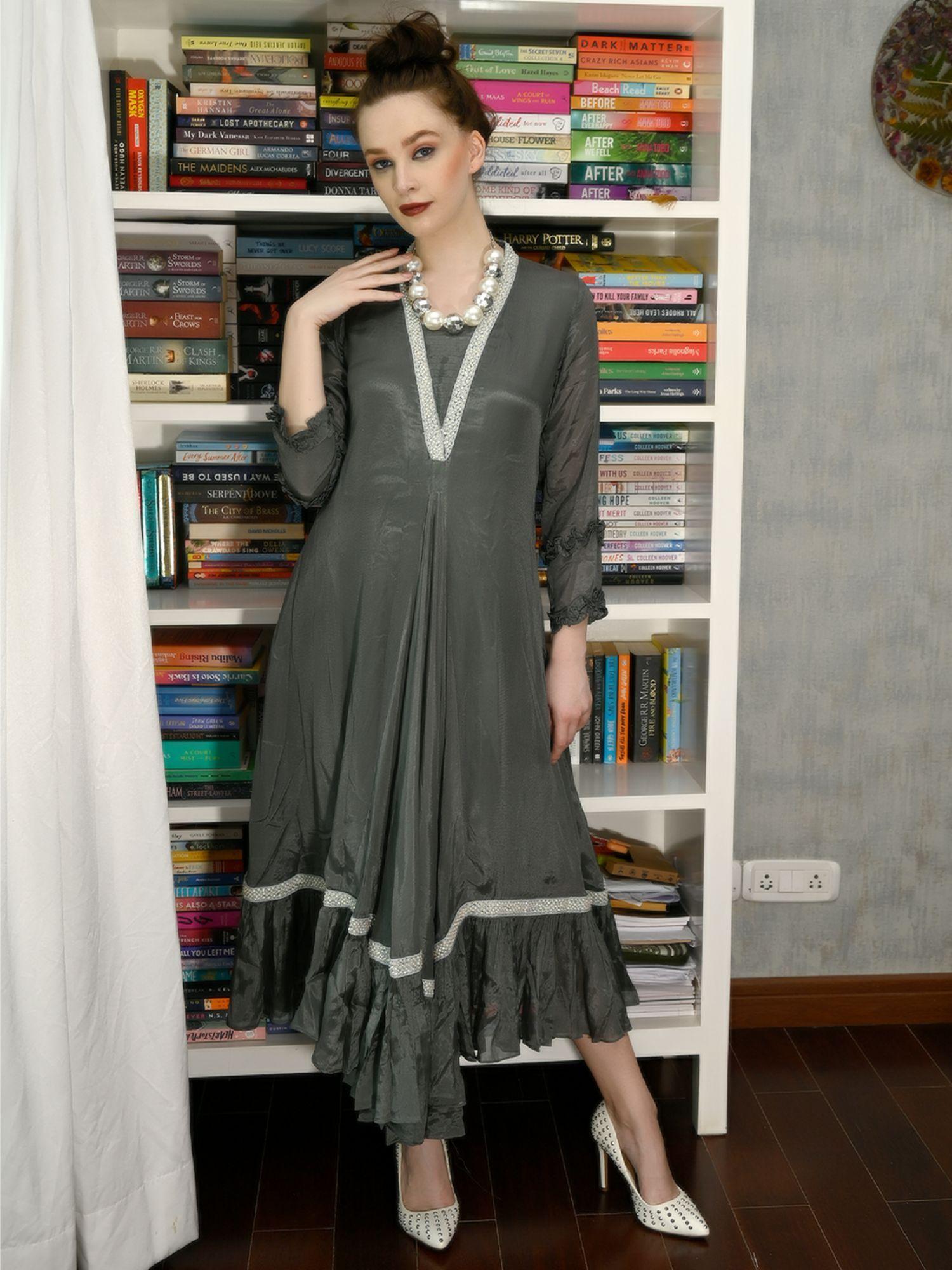 dark green crepe designer stitched indo western dress