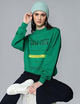 dark green drop shoulder printed sweatshirt