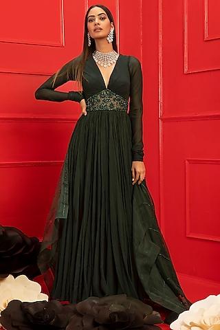 dark green embroidered anarkali set