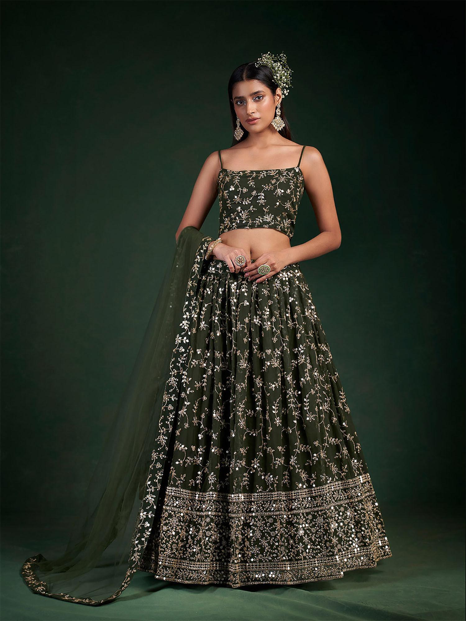 dark green embroidered bridal semi stitched lehenga with unstitched blouse (set of 3)