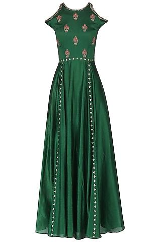 dark green embroidered cold shoulder maxi gown for girls