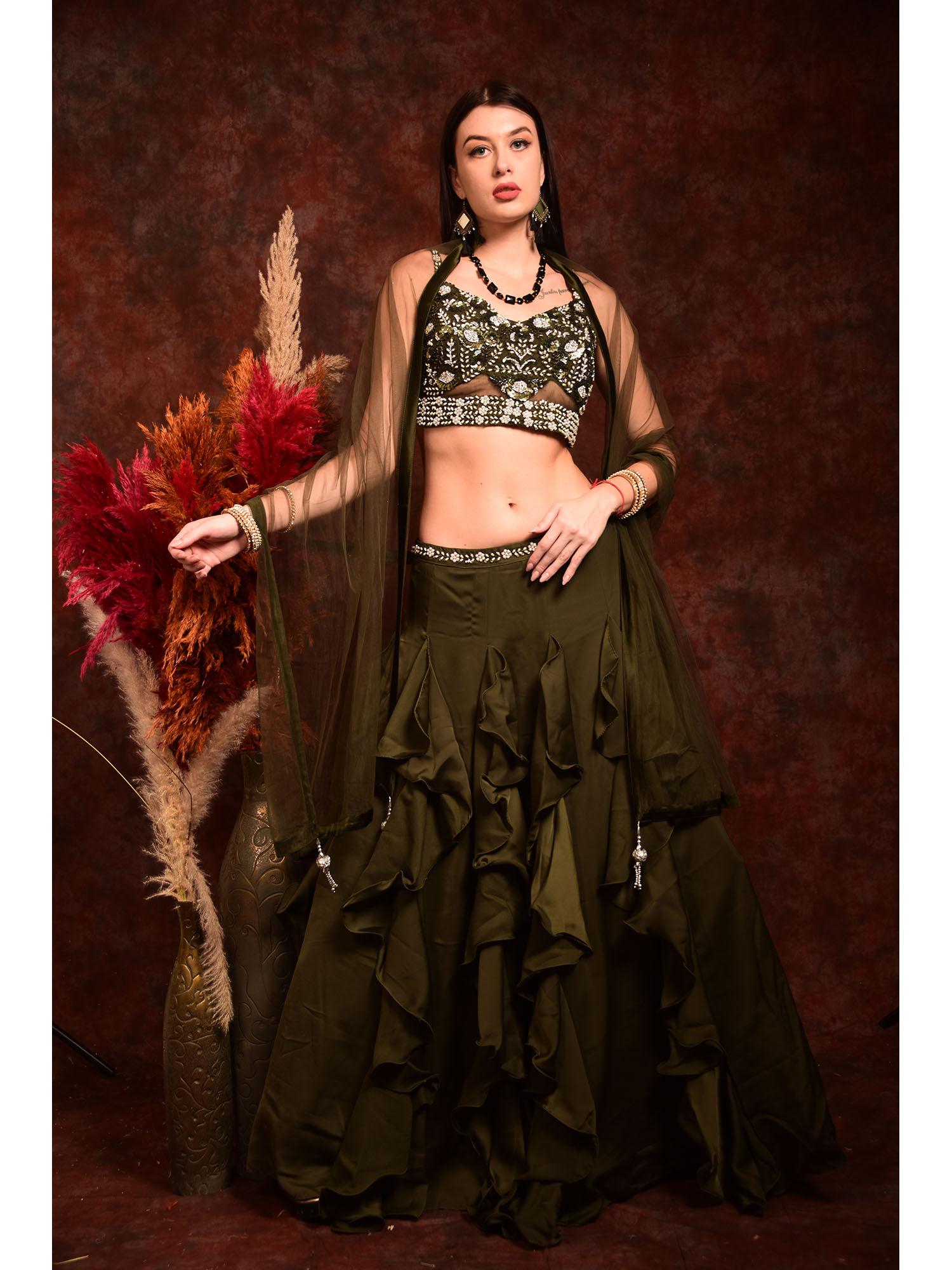 dark green embroidered crop-top skirt and dupatta (set of 3)