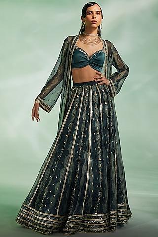 dark green embroidered jacket lehenga set