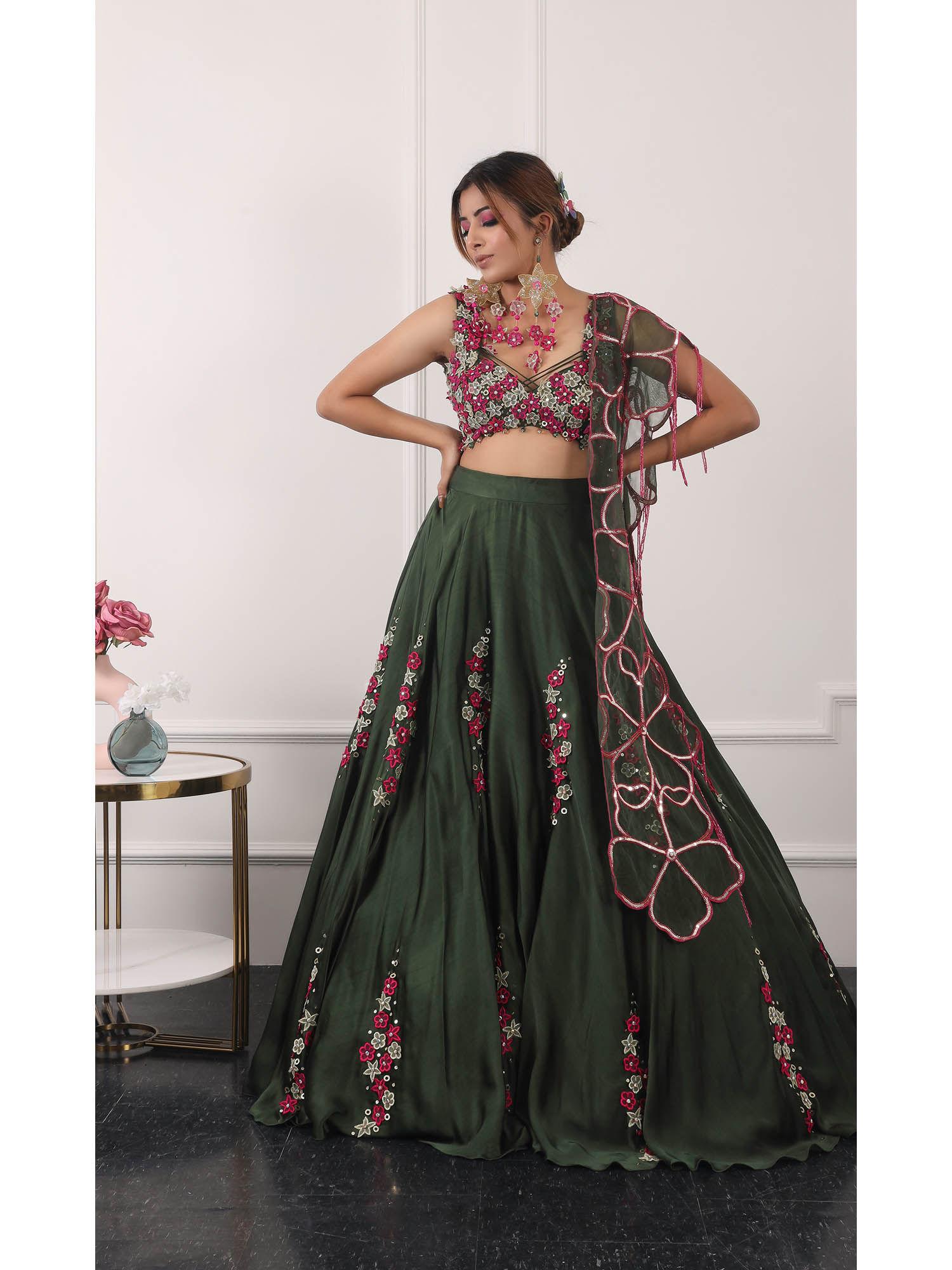 dark green embroidered lehenga with blouse and dupatta (set of 3)