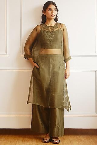 dark green embroidered tunic set