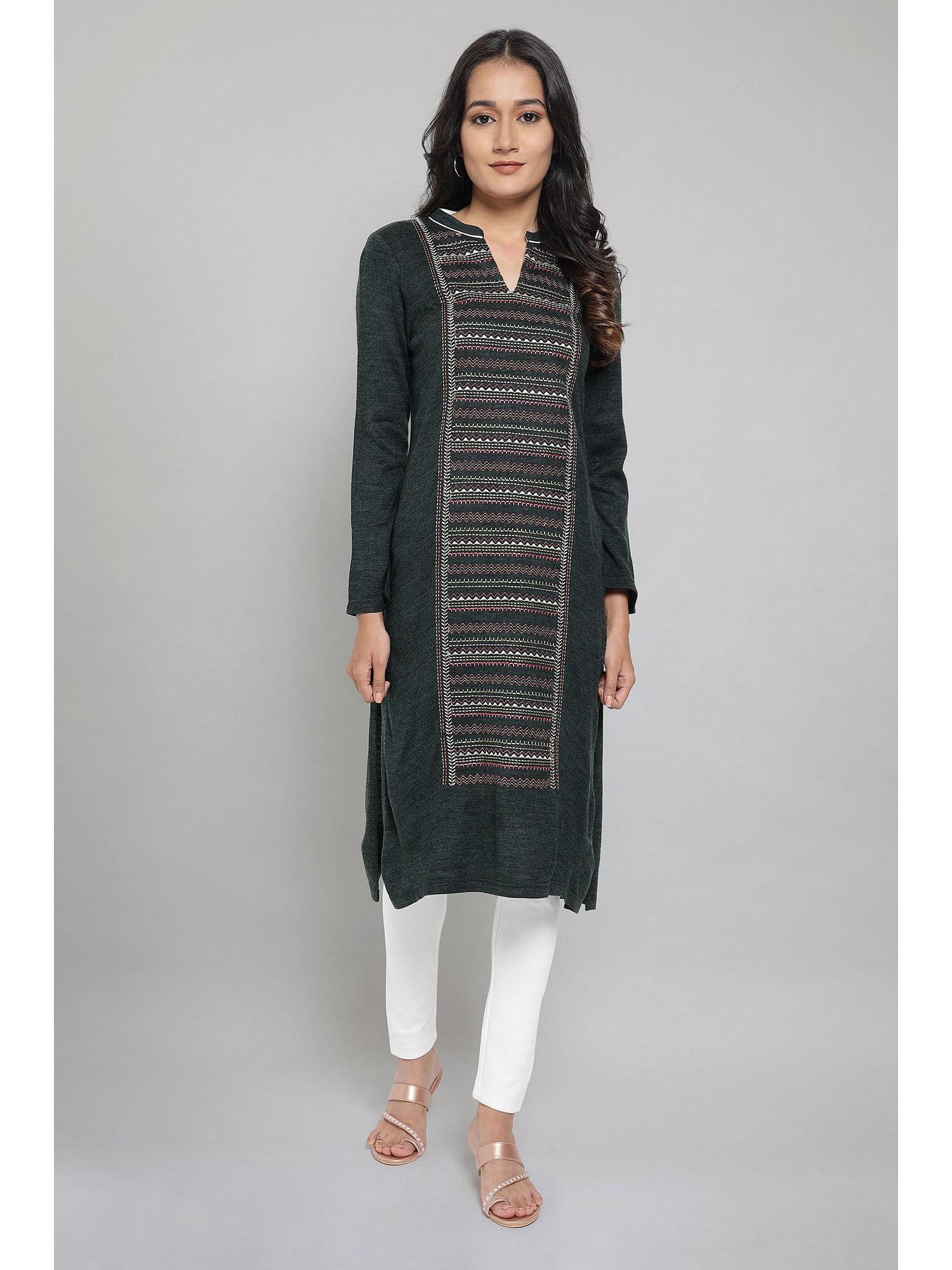 dark green embroidered winter kurta