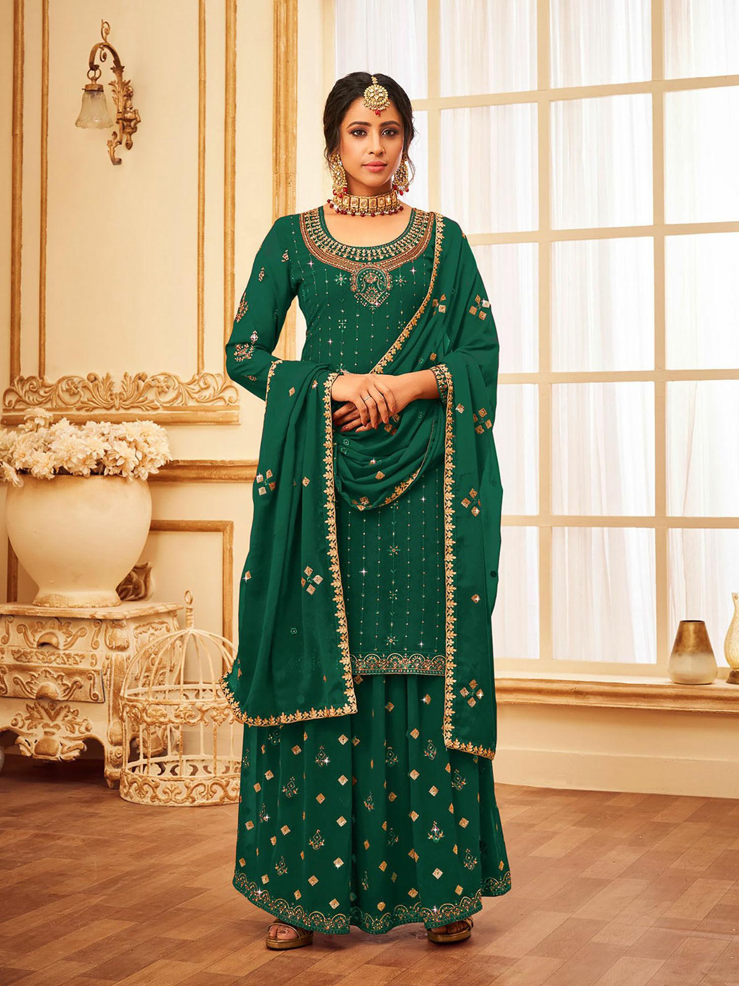 dark green embroidered with embellished georgette semi stitched dress material (set of 3)