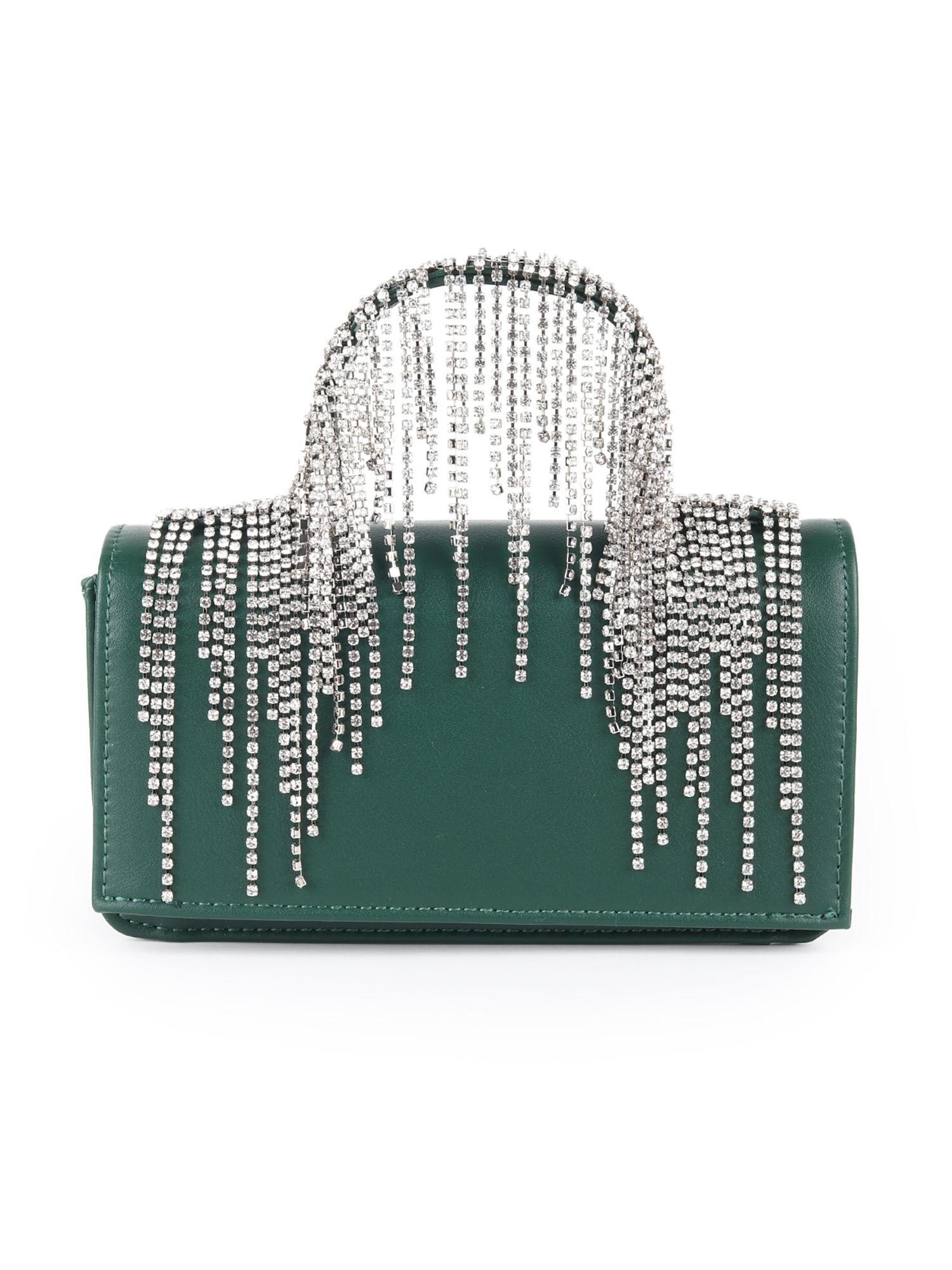 dark green faux stone tassels embellished clutch with detachable sling for women